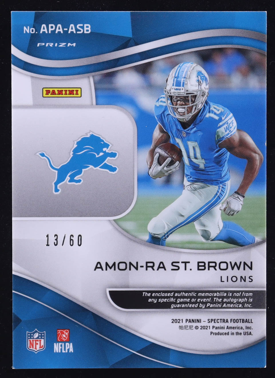 Amon-Ra St. Brown 2021 Panini Spectra Aspiring Patch Autographs Hyper #17 RC #13/60 at PristineAuction.com Amon-Ra St. Brown 2021 Panini Spectra Aspiring Patch Autographs Hyper #17 RC #13/60 at PristineAuction.com