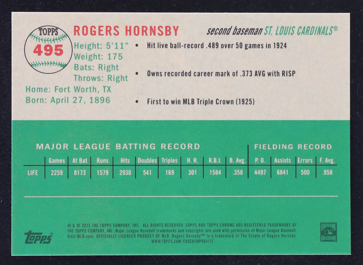 Rogers Hornsby 2023 Topps Chrome Platinum Anniversary Topps Refractors #495 #238/499 at PristineAuction.com Rogers Hornsby 2023 Topps Chrome Platinum Anniversary Topps Refractors #495 #238/499 at PristineAuction.com