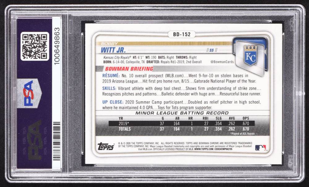 Bobby Witt Jr. 2020 Bowman Chrome Draft #BD152 RC (PSA 9) at PristineAuction.com Bobby Witt Jr. 2020 Bowman Chrome Draft #BD152 RC (PSA 9) at PristineAuction.com