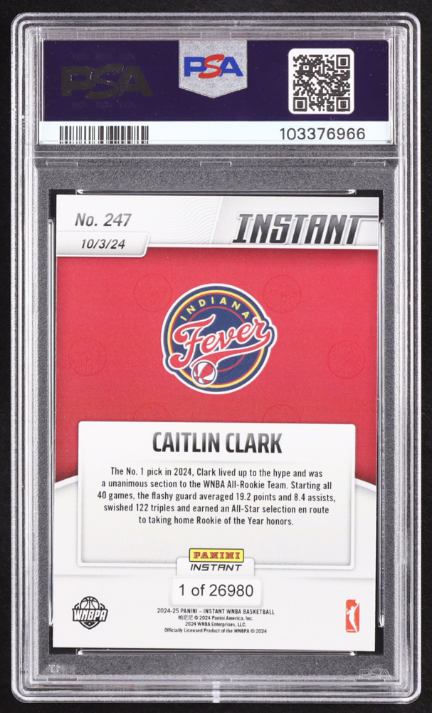 Caitlin Clark 2024 Panini Instant WNBA #247 RC (PSA 10) at PristineAuction.com Caitlin Clark 2024 Panini Instant WNBA #247 RC (PSA 10) at PristineAuction.com