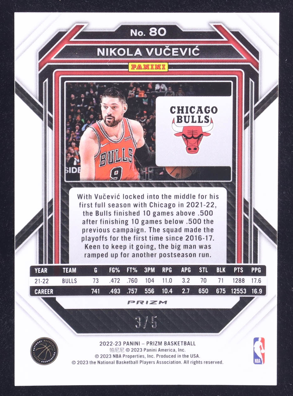 Nikola Vucevic 2022-23 Panini Prizm Prizms Green Shimmer FOTL #80 #3/5 at PristineAuction.com Nikola Vucevic 2022-23 Panini Prizm Prizms Green Shimmer FOTL #80 #3/5 at PristineAuction.com