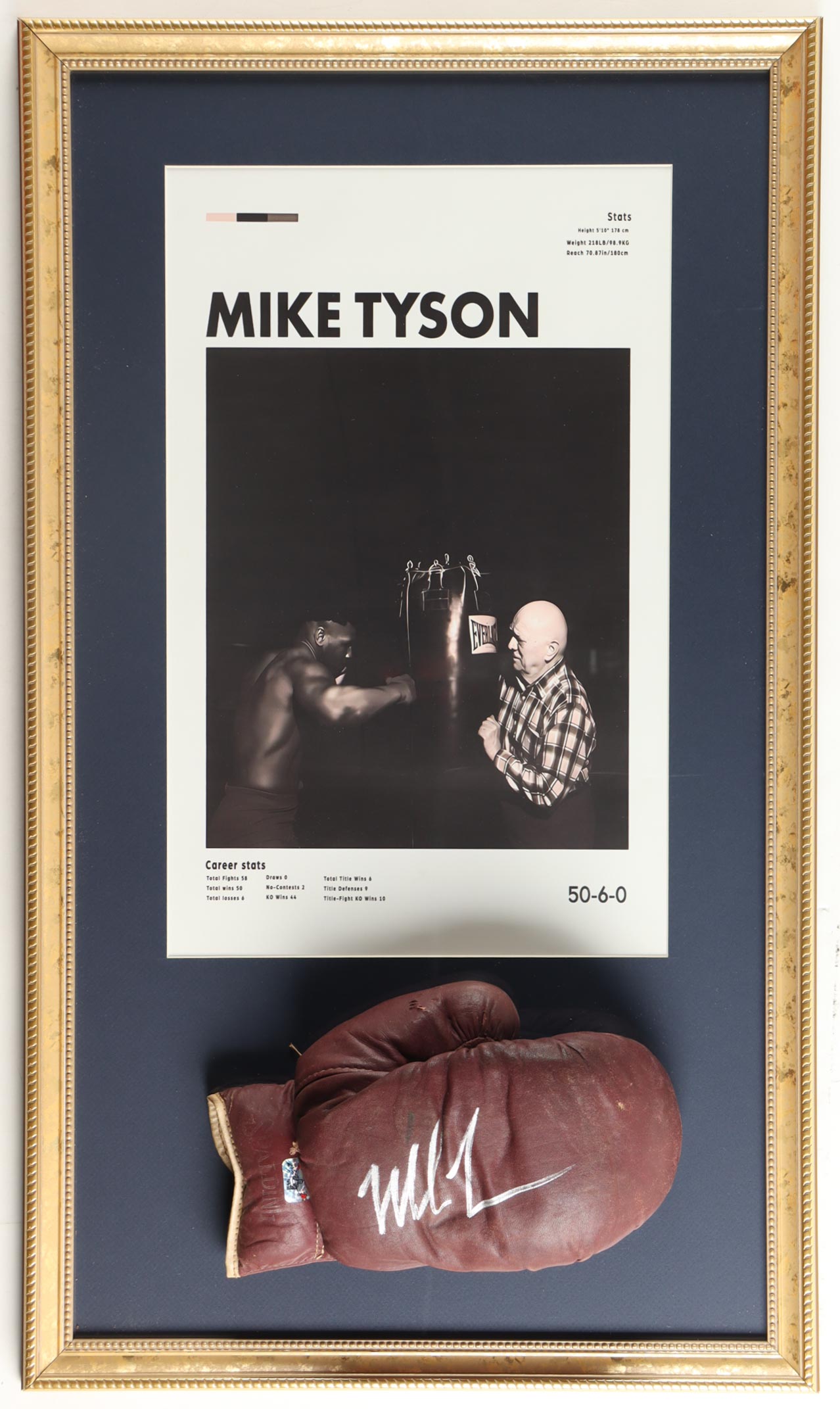 Mike Tyson Signed Custom Framed Spalding Boxing Glove Display with Career Stat Photo (Tyson) at PristineAuction.com Mike Tyson Signed Custom Framed Spalding Boxing Glove Display with Career Stat Photo (Tyson) at PristineAuction.com