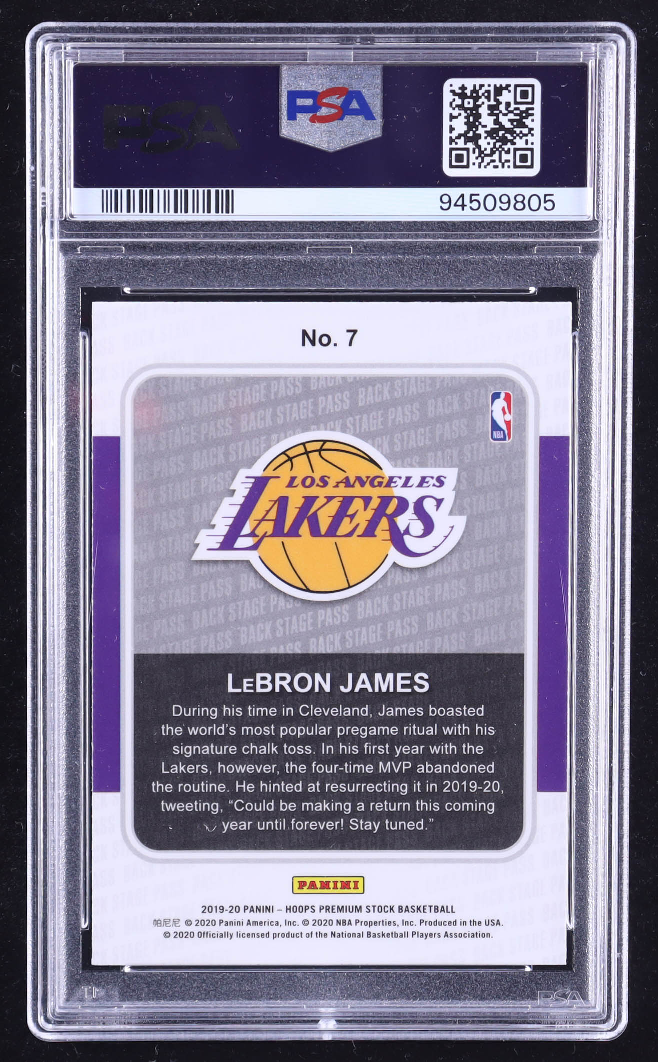 LeBron James 2019-20 Hoops Premium Stock Back Stage Pass #7 (PSA 10) at PristineAuction.com LeBron James 2019-20 Hoops Premium Stock Back Stage Pass #7 (PSA 10) at PristineAuction.com