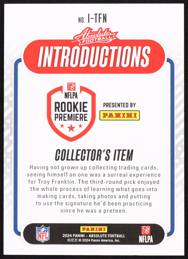Troy Franklin 2024 Panini Absolute Introductions Red Spectrum #I-TFN #126/150 RC at PristineAuction.com Troy Franklin 2024 Panini Absolute Introductions Red Spectrum #I-TFN #126/150 RC at PristineAuction.com