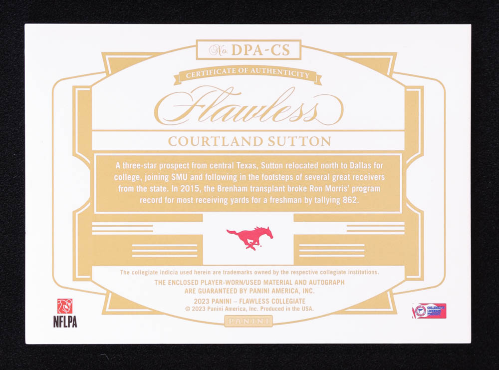 Courtland Sutton 2023 Panini Flawless Collegiate Dual Patch Autographs Sapphire #DPACS #03/15 at PristineAuction.com Courtland Sutton 2023 Panini Flawless Collegiate Dual Patch Autographs Sapphire #DPACS #03/15 at PristineAuction.com