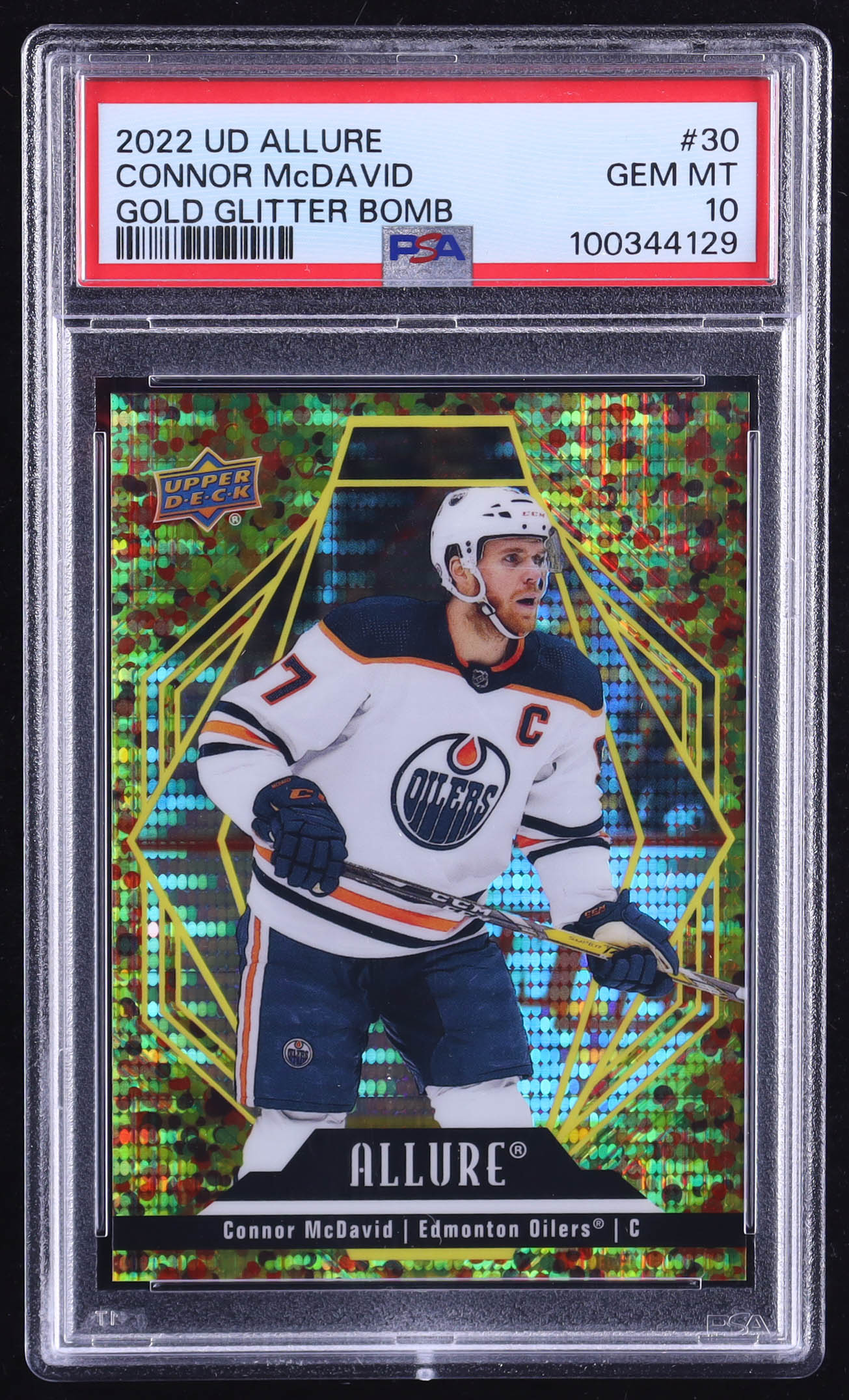 Connor McDavid 2022-23 Upper Deck Allure Gold Glitter Bomb #30 #050/199 (PSA 10) at PristineAuction.com Connor McDavid 2022-23 Upper Deck Allure Gold Glitter Bomb #30 #050/199 (PSA 10) at PristineAuction.com
