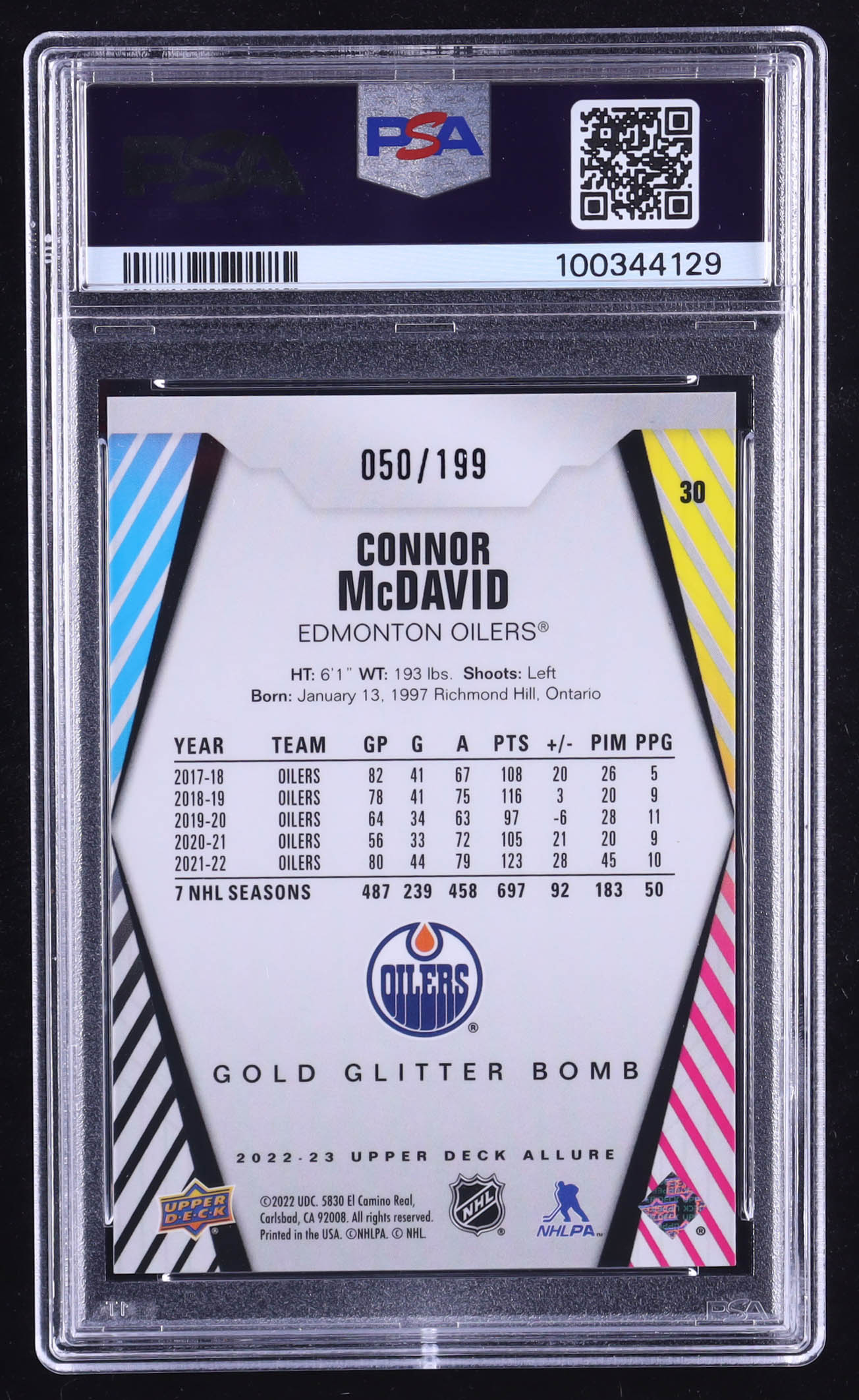 Connor McDavid 2022-23 Upper Deck Allure Gold Glitter Bomb #30 #050/199 (PSA 10) at PristineAuction.com Connor McDavid 2022-23 Upper Deck Allure Gold Glitter Bomb #30 #050/199 (PSA 10) at PristineAuction.com