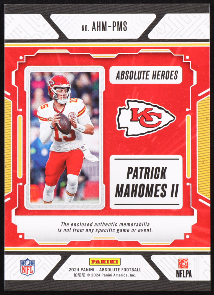 Patrick Mahomes II 2024 Panini Absolute Heroes Memorabilia #AHM-PM #121/250 at PristineAuction.com Patrick Mahomes II 2024 Panini Absolute Heroes Memorabilia #AHM-PM #121/250 at PristineAuction.com