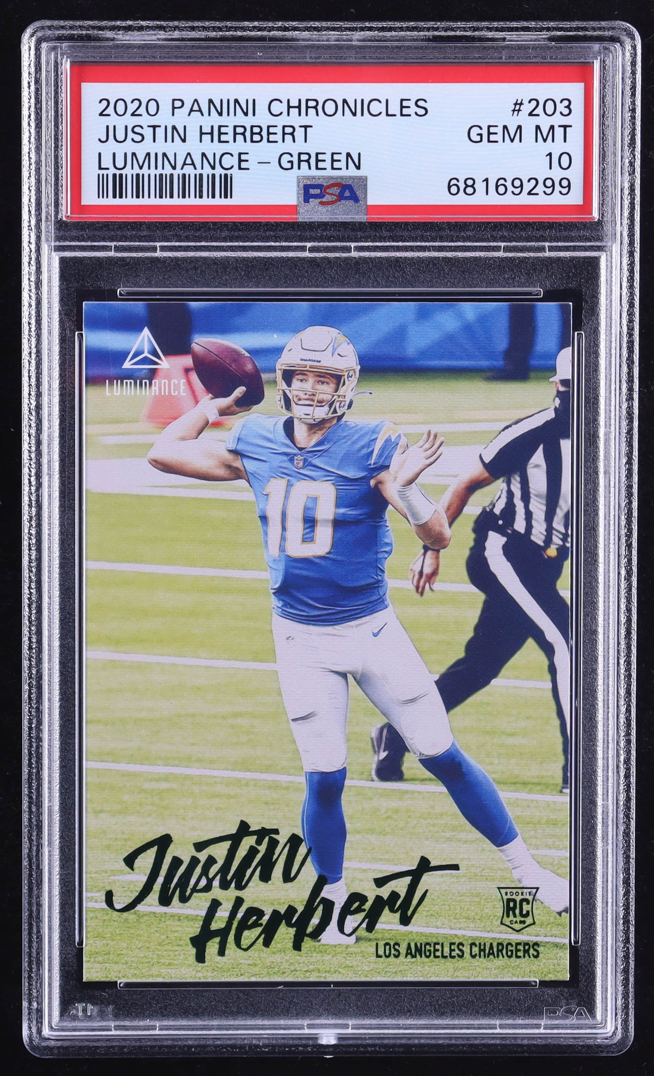 Justin Herbert 2020 Panini Luminance Green #203 Chronicles RC (PSA 10) at PristineAuction.com Justin Herbert 2020 Panini Luminance Green #203 Chronicles RC (PSA 10) at PristineAuction.com
