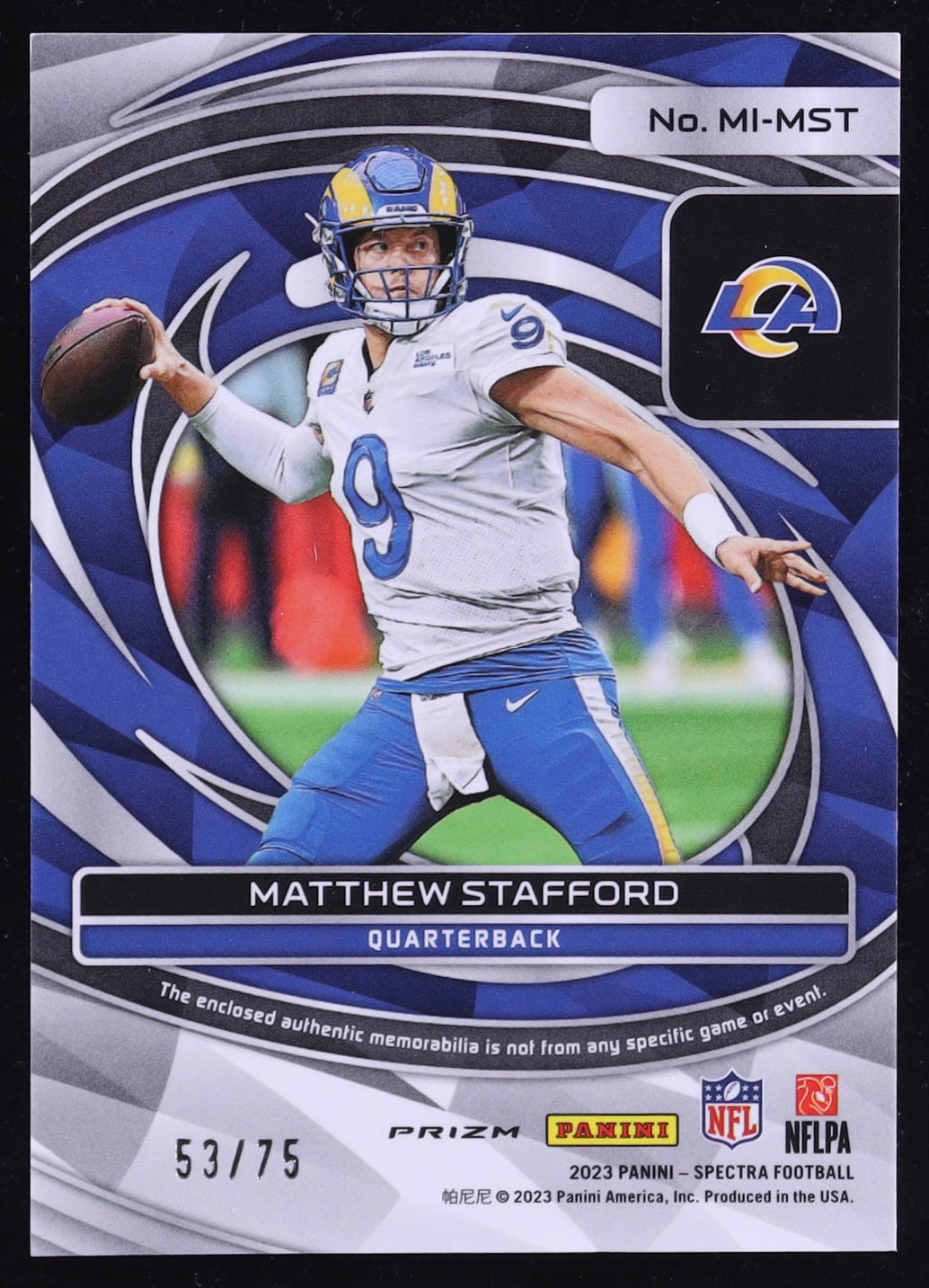 Matthew Stafford 2023 Panini Spectra Max Impact Materials Hyper #30 #53/75 at PristineAuction.com Matthew Stafford 2023 Panini Spectra Max Impact Materials Hyper #30 #53/75 at PristineAuction.com