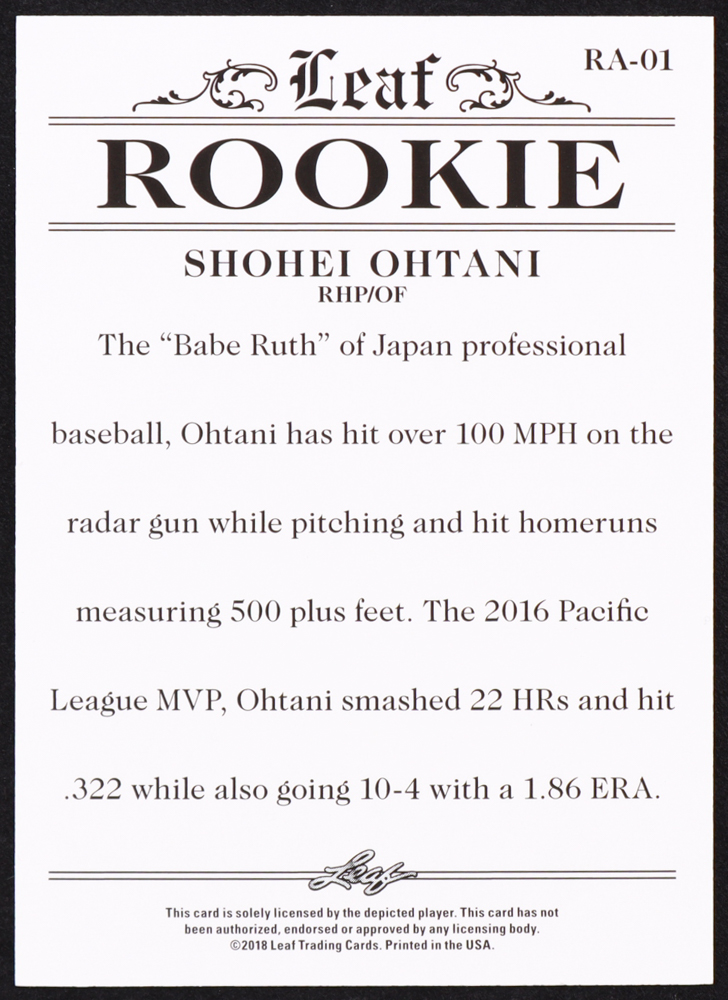 Shohei Ohtani 2018 Leaf Ohtani Rookie Achievement #RA01 RC at PristineAuction.com Shohei Ohtani 2018 Leaf Ohtani Rookie Achievement #RA01 RC at PristineAuction.com