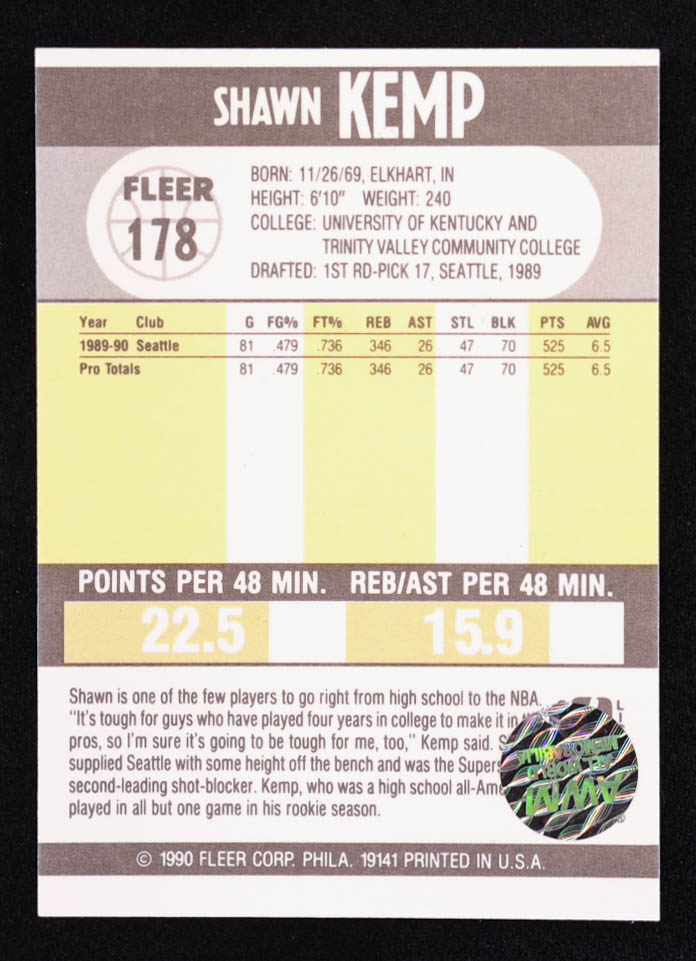 Shawn Kemp Signed 1990-91 Fleer #178 RC (AWM) at PristineAuction.com Shawn Kemp Signed 1990-91 Fleer #178 RC (AWM) at PristineAuction.com