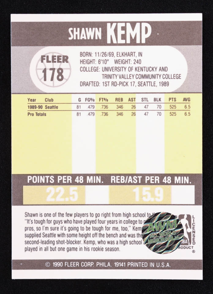 Shawn Kemp Signed 1990-91 Fleer #178 RC (AWM) at PristineAuction.com Shawn Kemp Signed 1990-91 Fleer #178 RC (AWM) at PristineAuction.com