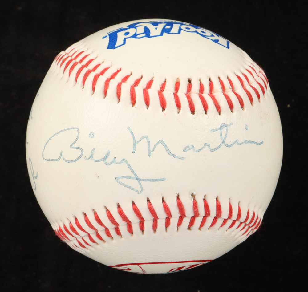 Billy Martin Signed Yankees Kool-Aid Logo Baseball & 1952 Topps #175 RC Inscribed "Best of Luck" With A Display Case (JSA) at PristineAuction.com Billy Martin Signed Yankees Kool-Aid Logo Baseball & 1952 Topps #175 RC Inscribed "Best of Luck" With A Display Case (JSA) at PristineAuction.com
