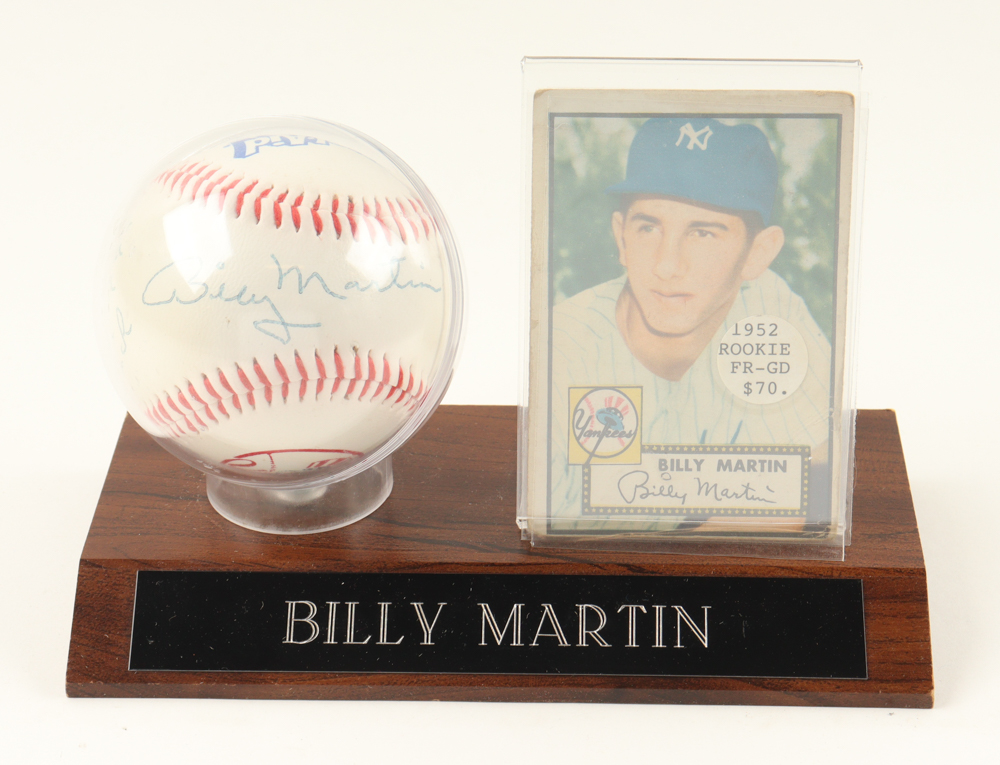 Billy Martin Signed Yankees Kool-Aid Logo Baseball & 1952 Topps #175 RC Inscribed "Best of Luck" With A Display Case (JSA) at PristineAuction.com Billy Martin Signed Yankees Kool-Aid Logo Baseball & 1952 Topps #175 RC Inscribed "Best of Luck" With A Display Case (JSA) at PristineAuction.com