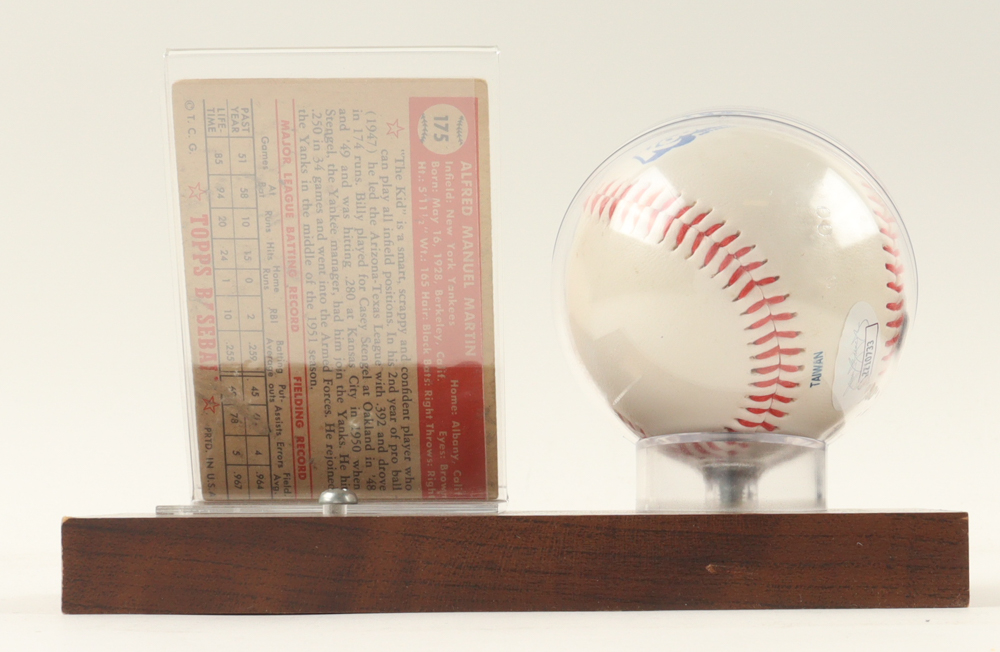 Billy Martin Signed Yankees Kool-Aid Logo Baseball & 1952 Topps #175 RC Inscribed "Best of Luck" With A Display Case (JSA) at PristineAuction.com Billy Martin Signed Yankees Kool-Aid Logo Baseball & 1952 Topps #175 RC Inscribed "Best of Luck" With A Display Case (JSA) at PristineAuction.com