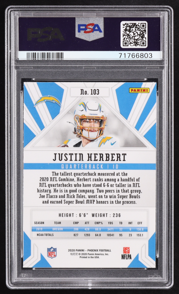 Justin Herbert 2020 Panini Phoenix Fire Burst #103 RC (PSA 10) at PristineAuction.com Justin Herbert 2020 Panini Phoenix Fire Burst #103 RC (PSA 10) at PristineAuction.com