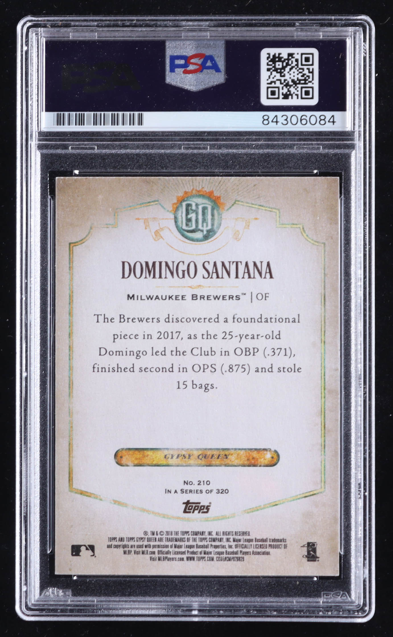 Domingo Santana 2018 Topps Gypsy Queen GQ Logo Swap #210 (PSA) at PristineAuction.com Domingo Santana 2018 Topps Gypsy Queen GQ Logo Swap #210 (PSA) at PristineAuction.com