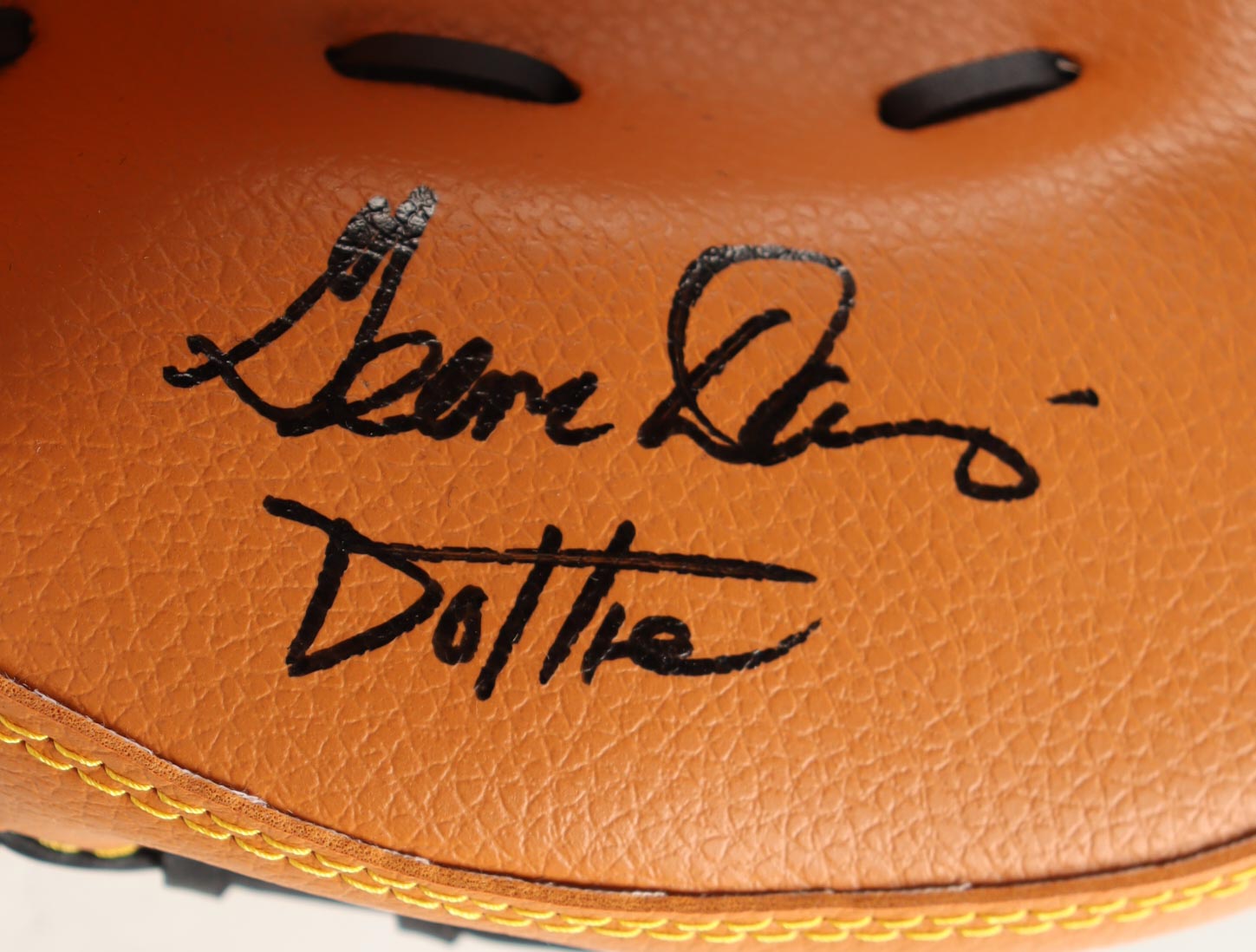 Geena Davis Signed Baseball Catchers Glove Inscribed "Dottie" (Schwartz) at PristineAuction.com Geena Davis Signed Baseball Catchers Glove Inscribed "Dottie" (Schwartz) at PristineAuction.com