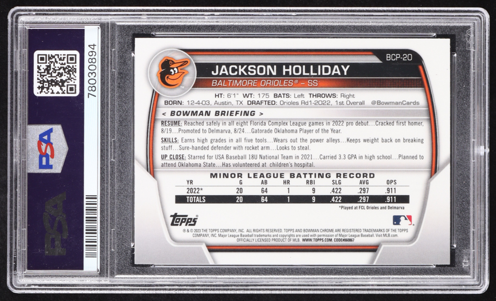 Jackson Holliday 2023 Bowman Chrome Mega Box Prospects #BCP20 RC (PSA 10) at PristineAuction.com Jackson Holliday 2023 Bowman Chrome Mega Box Prospects #BCP20 RC (PSA 10) at PristineAuction.com