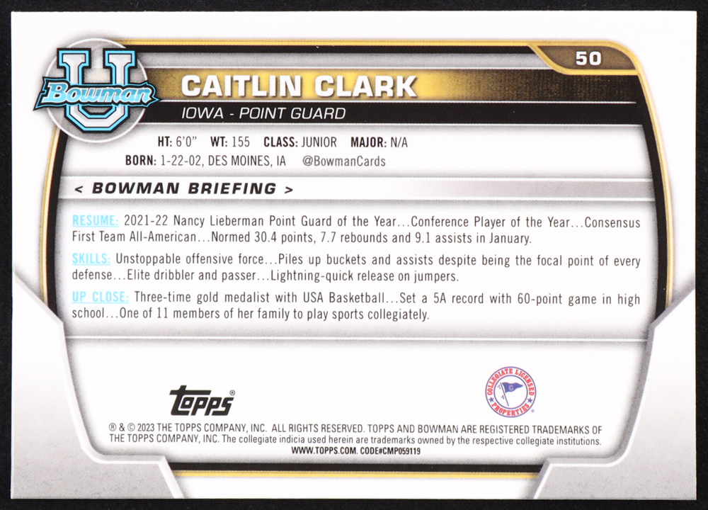 Caitlin Clark 2022-23 Bowman Chrome University #50 RC at PristineAuction.com Caitlin Clark 2022-23 Bowman Chrome University #50 RC at PristineAuction.com