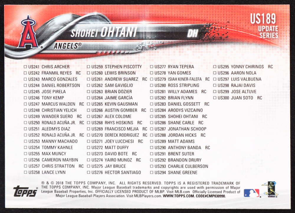 Shohei Ohtani 2018 Topps Update #US189 HL RC at PristineAuction.com Shohei Ohtani 2018 Topps Update #US189 HL RC at PristineAuction.com