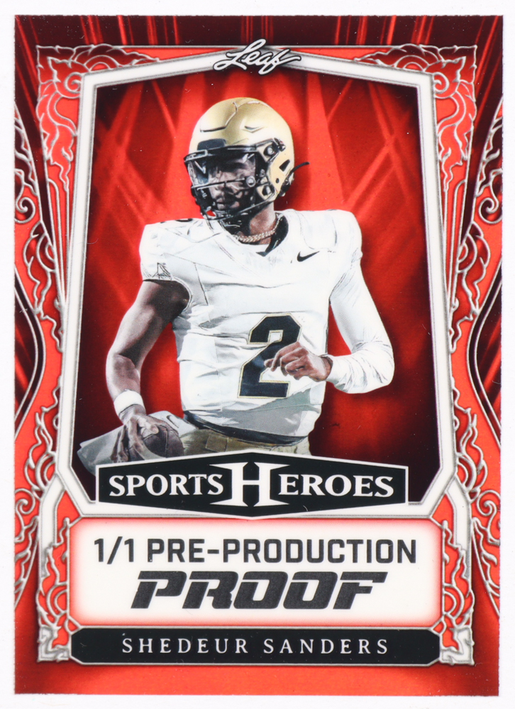 Shedeur Sanders Leaf Sports Heroes Clear Red Pre-Production Proof #NNO RC #1/1 at PristineAuction.com Shedeur Sanders Leaf Sports Heroes Clear Red Pre-Production Proof #NNO RC #1/1 at PristineAuction.com