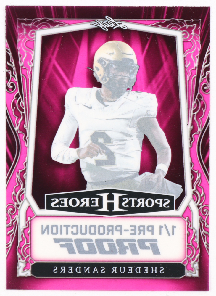 Shedeur Sanders Leaf Sports Heroes Clear Pink Pre-Production Proof #NNO RC #1/1 at PristineAuction.com Shedeur Sanders Leaf Sports Heroes Clear Pink Pre-Production Proof #NNO RC #1/1 at PristineAuction.com