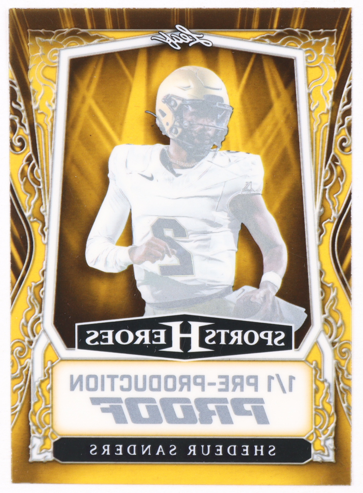Shedeur Sanders Leaf Sports Heroes Clear Gold Pre-Production Proof #NNO RC #1/1 at PristineAuction.com Shedeur Sanders Leaf Sports Heroes Clear Gold Pre-Production Proof #NNO RC #1/1 at PristineAuction.com