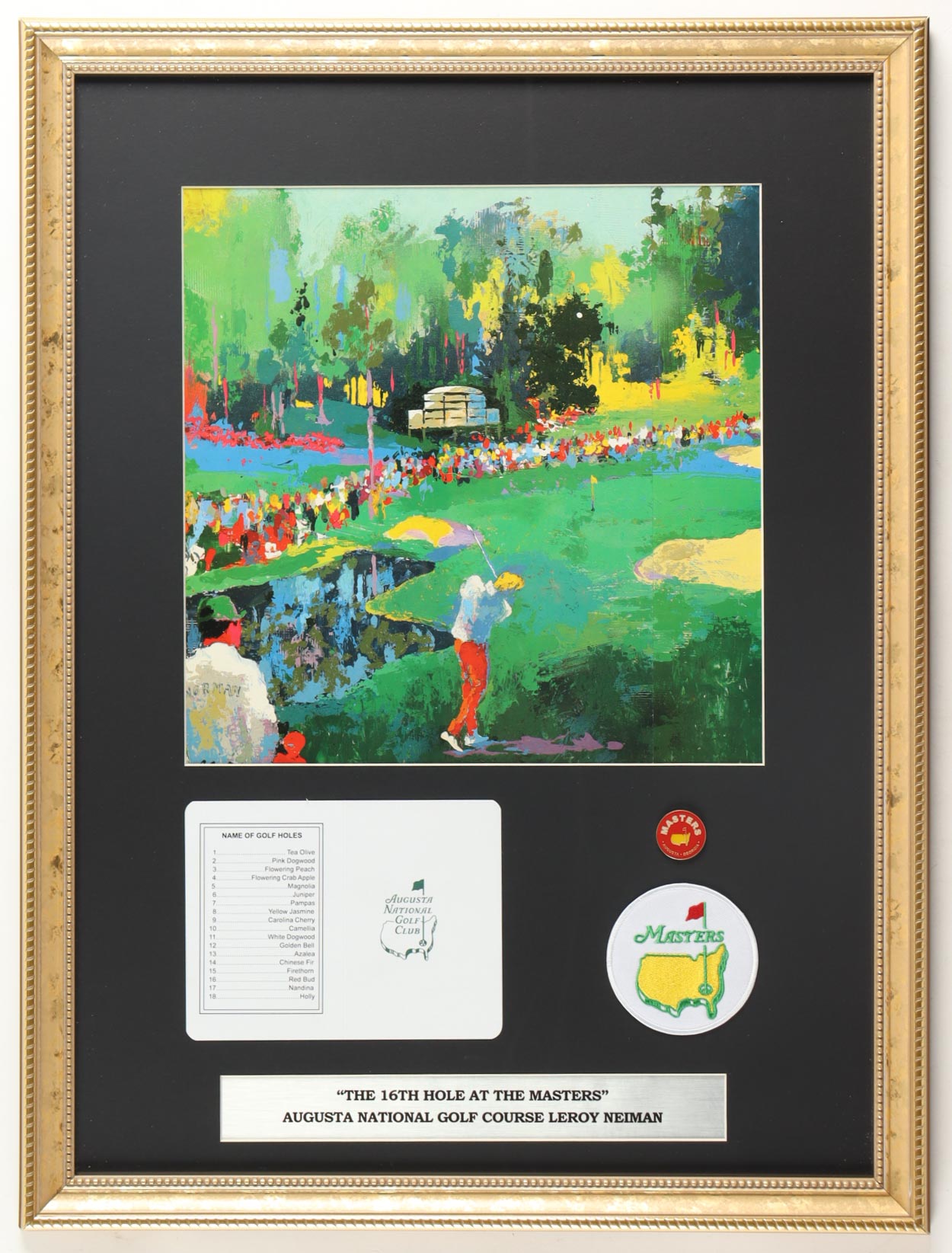 LeRoy Neiman "The 16th Tee at the Masters" Custom Framed Print Display with Official Masters Pin, Scorecard & Cloth Tournament Patch at PristineAuction.com LeRoy Neiman "The 16th Tee at the Masters" Custom Framed Print Display with Official Masters Pin, Scorecard & Cloth Tournament Patch at PristineAuction.com