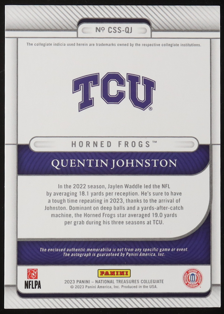 Quentin Johnston 2023 Panini National Treasures Collegiate College Silhouettes Signatures #7 RC #22/99 at PristineAuction.com Quentin Johnston 2023 Panini National Treasures Collegiate College Silhouettes Signatures #7 RC #22/99 at PristineAuction.com