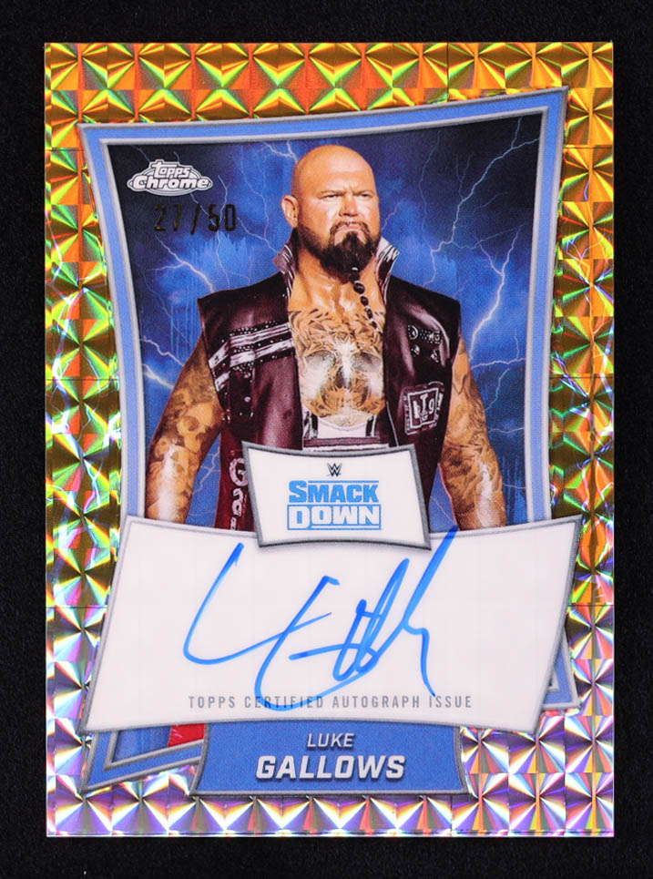 Luke Gallows 2025 Topps Chrome WWE Blue Brand Autographs Gold Geometric Refractors #BBALKE #27/50 at PristineAuction.com Luke Gallows 2025 Topps Chrome WWE Blue Brand Autographs Gold Geometric Refractors #BBALKE #27/50 at PristineAuction.com
