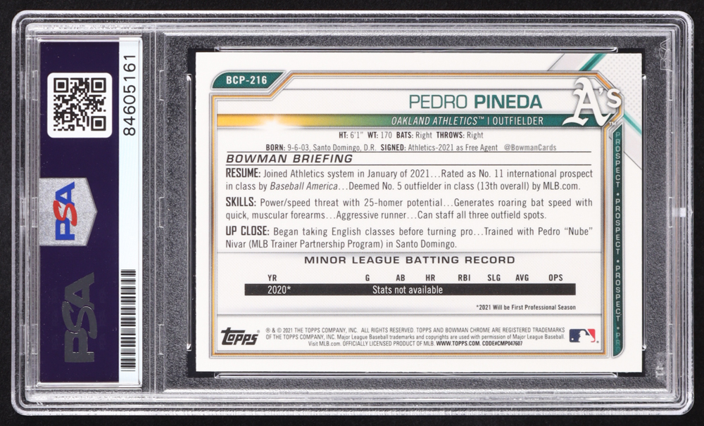 Pedro Pineda Signed 2021 Bowman Chrome Prospects #BCP216 RC (PSA | Auto 10) at PristineAuction.com Pedro Pineda Signed 2021 Bowman Chrome Prospects #BCP216 RC (PSA | Auto 10) at PristineAuction.com