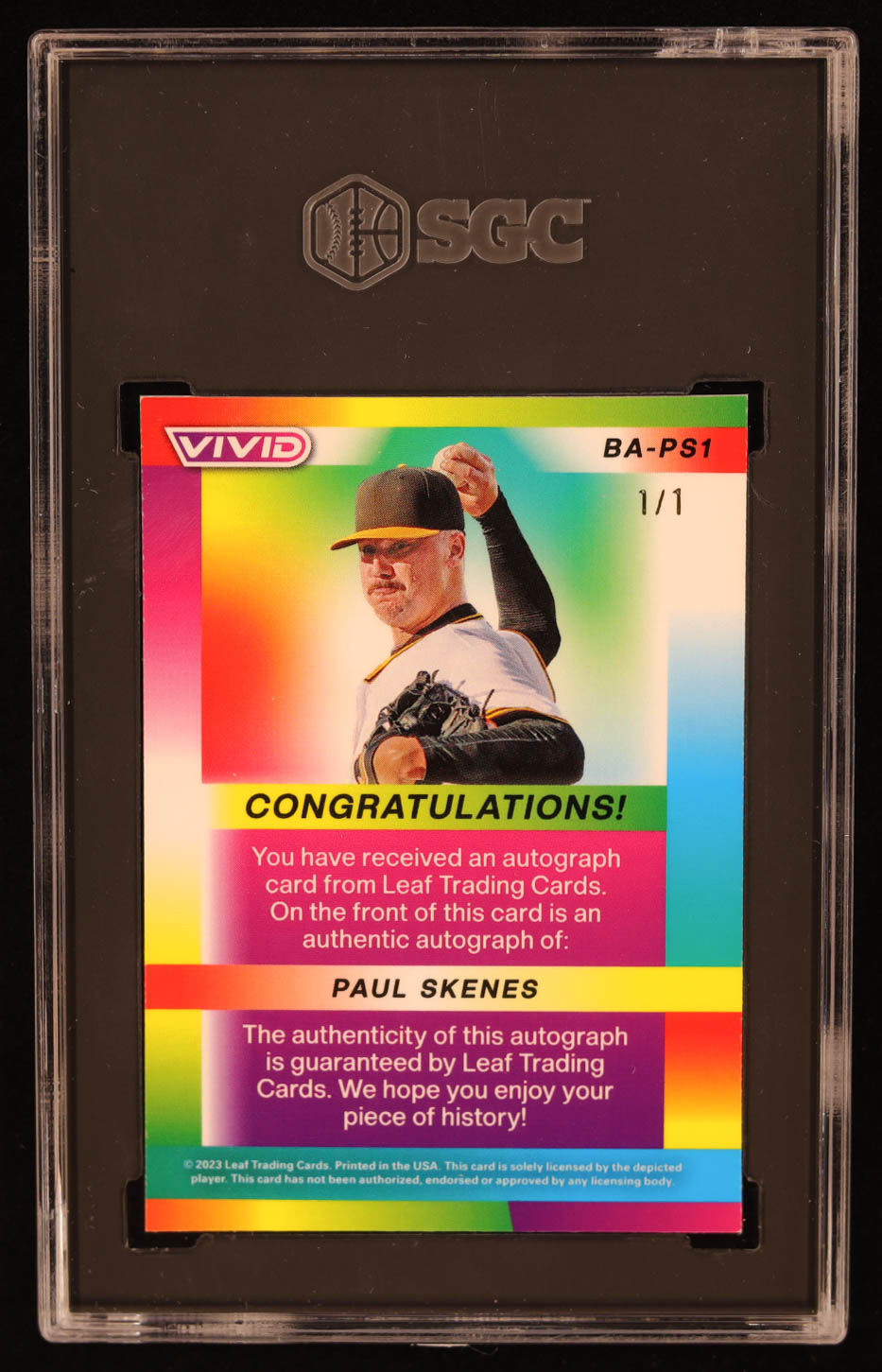 Paul Skenes 2023 Leaf Vivid Auto Gray Laser #BA-PSA1 #1/1 RC (SGC 9 | Auto Grade SGC 10) at PristineAuction.com Paul Skenes 2023 Leaf Vivid Auto Gray Laser #BA-PSA1 #1/1 RC (SGC 9 | Auto Grade SGC 10) at PristineAuction.com