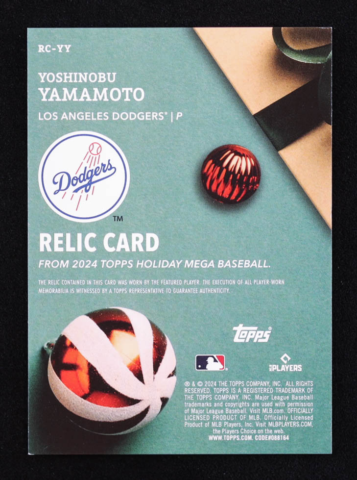 Yoshinobu Yamamoto 2024 Topps Holiday Relics #RCYY RC at PristineAuction.com Yoshinobu Yamamoto 2024 Topps Holiday Relics #RCYY RC at PristineAuction.com