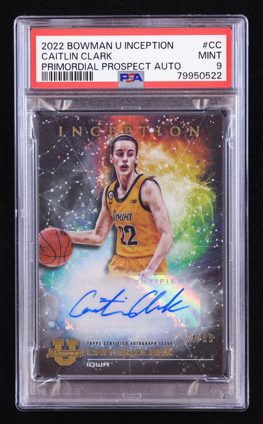 Caitlin Clark 2022-23 Bowman Inception University Primordial Prospects Autographs #PMPCC RC #34/99 (PSA 9) at PristineAuction.com Caitlin Clark 2022-23 Bowman Inception University Primordial Prospects Autographs #PMPCC RC #34/99 (PSA 9) at PristineAuction.com