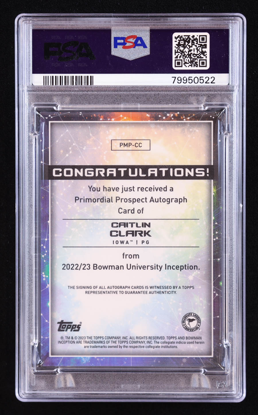 Caitlin Clark 2022-23 Bowman Inception University Primordial Prospects Autographs #PMPCC RC #34/99 (PSA 9) at PristineAuction.com Caitlin Clark 2022-23 Bowman Inception University Primordial Prospects Autographs #PMPCC RC #34/99 (PSA 9) at PristineAuction.com