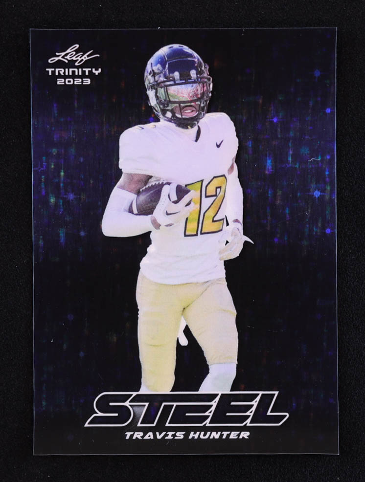 Travis Hunter 2023 Leaf Trinity Steel Pre-Production Proof Blue Stars RC #1/1 at PristineAuction.com Travis Hunter 2023 Leaf Trinity Steel Pre-Production Proof Blue Stars RC #1/1 at PristineAuction.com