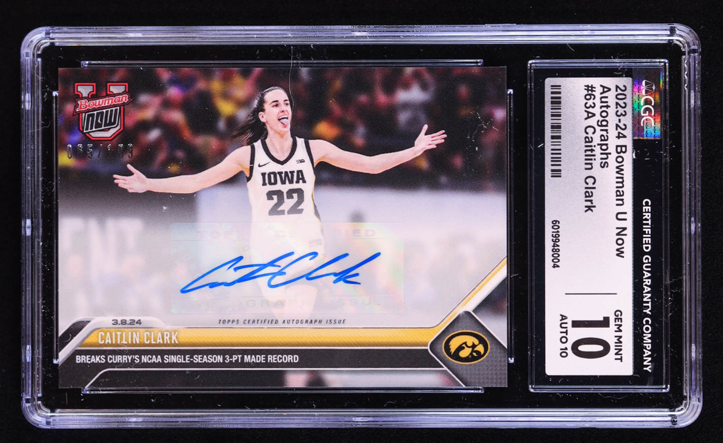 Caitlin Clark 2023-24 Bowman University Now Autographs #63 RC #65/199 (CGC 10 | Autograph Graded CGC 10) at PristineAuction.com Caitlin Clark 2023-24 Bowman University Now Autographs #63 RC #65/199 (CGC 10 | Autograph Graded CGC 10) at PristineAuction.com