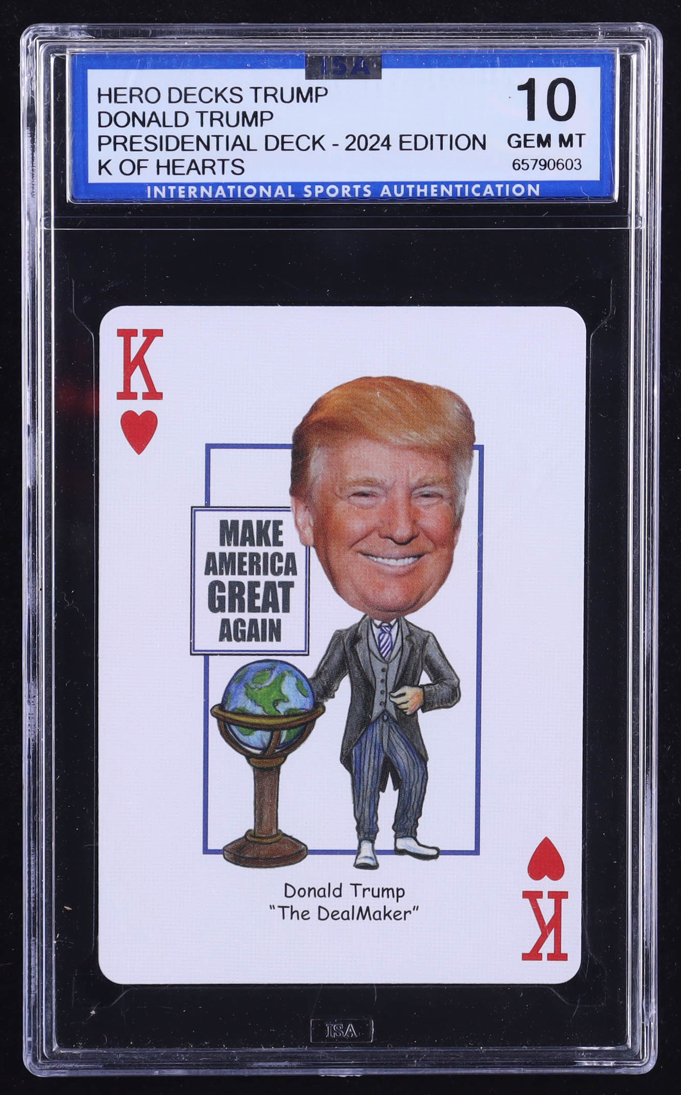 Donal Trump 2024 Hero Decks Trump Presidential Edition King of Hearts Playing Card (ISA 10) at PristineAuction.com Donal Trump 2024 Hero Decks Trump Presidential Edition King of Hearts Playing Card (ISA 10) at PristineAuction.com