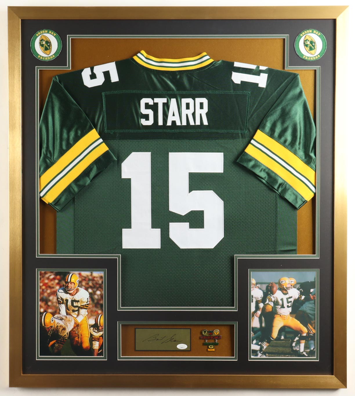 Bart Starr Signed Custom Framed Cut Display With Jersey & Official Super Bowl II Pin (JSA) at PristineAuction.com Bart Starr Signed Custom Framed Cut Display With Jersey & Official Super Bowl II Pin (JSA) at PristineAuction.com