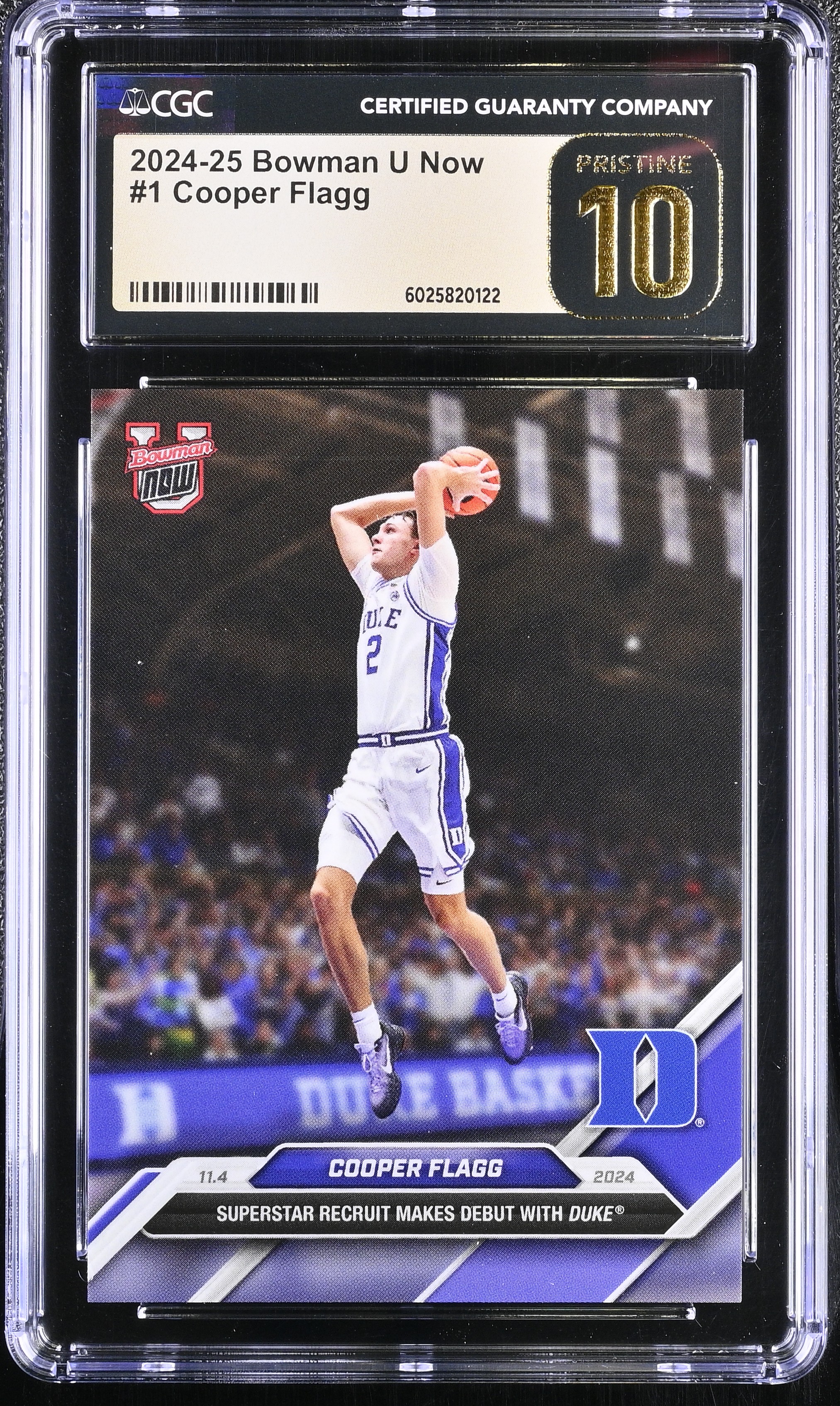 Cooper Flagg 2024 Bowman U Now #1 RC | Duke Debut (CGC 10 | Pristine Black Label) at PristineAuction.com Cooper Flagg 2024 Bowman U Now #1 RC | Duke Debut (CGC 10 | Pristine Black Label) at PristineAuction.com