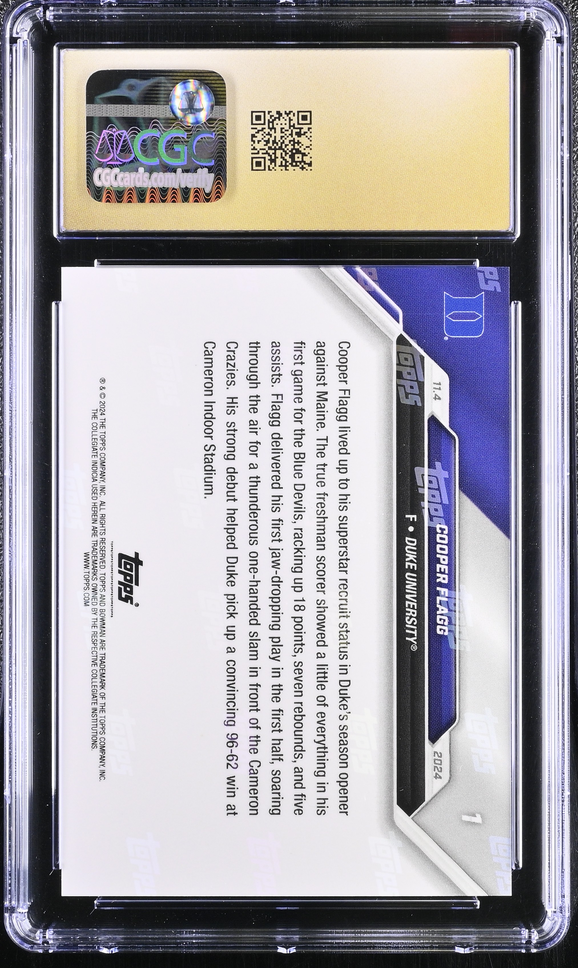 Cooper Flagg 2024 Bowman U Now #1 RC | Duke Debut (CGC 10 | Pristine Black Label) at PristineAuction.com Cooper Flagg 2024 Bowman U Now #1 RC | Duke Debut (CGC 10 | Pristine Black Label) at PristineAuction.com