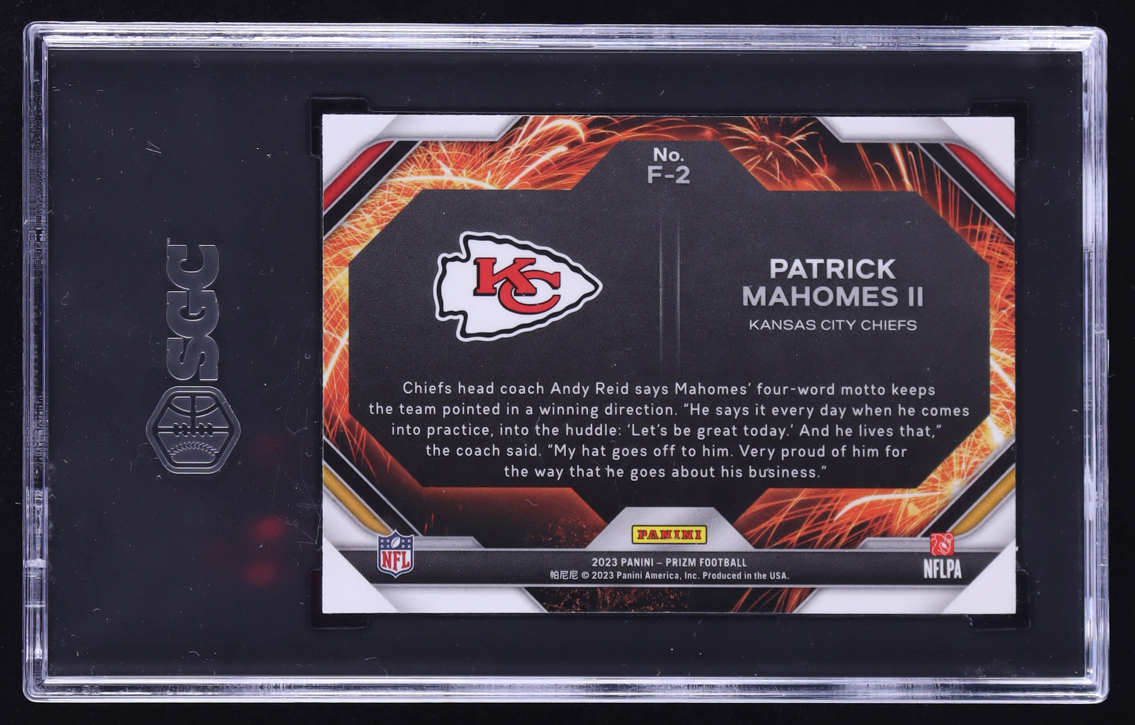 Patrick Mahomes II 2023 Panini Prizm Fireworks #F-2 (SGC 10) at PristineAuction.com Patrick Mahomes II 2023 Panini Prizm Fireworks #F-2 (SGC 10) at PristineAuction.com