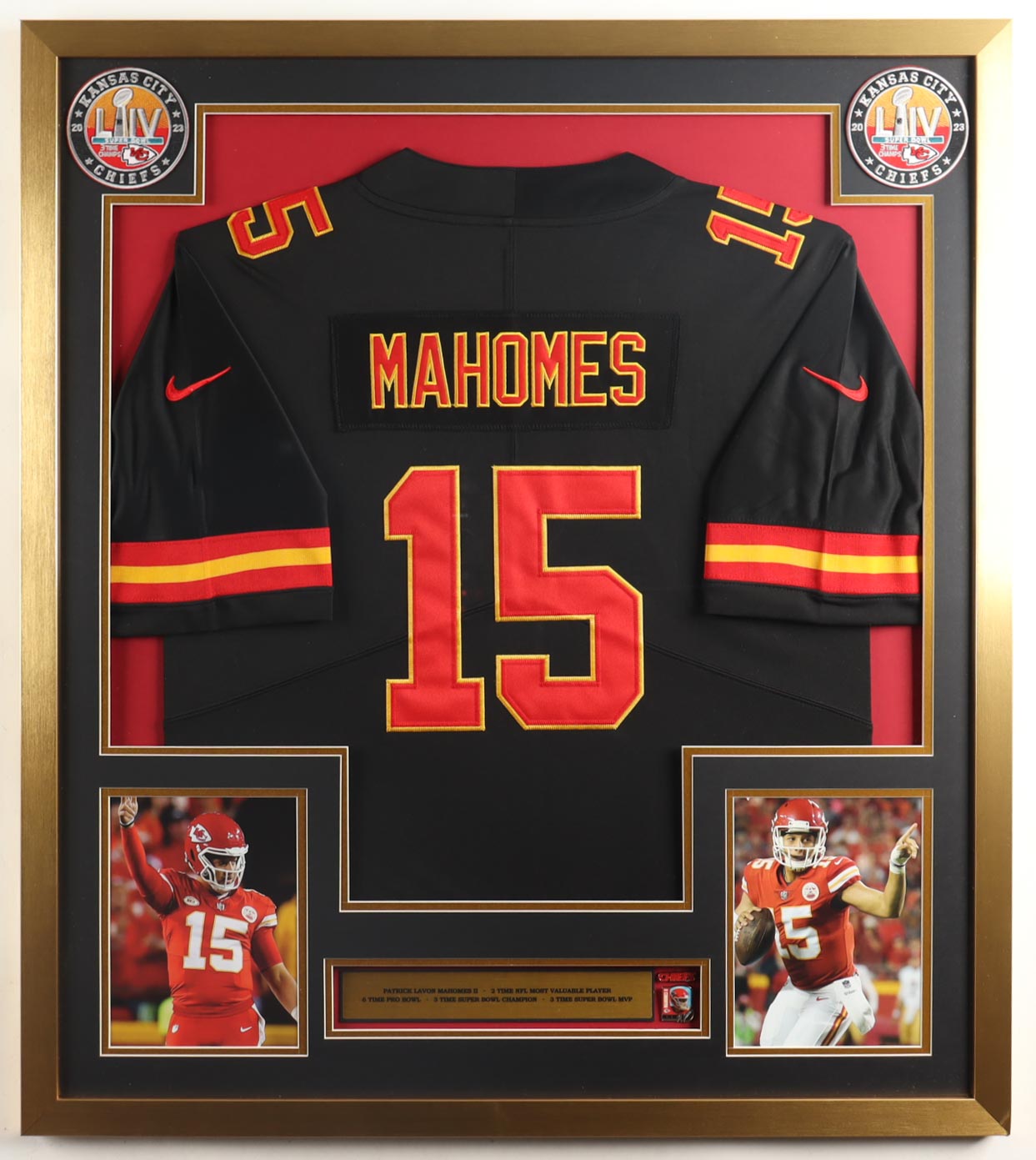 Patrick Mahomes Custom Framed Jersey Display With Chiefs Pin & (2) Team Logo Patches at PristineAuction.com Patrick Mahomes Custom Framed Jersey Display With Chiefs Pin & (2) Team Logo Patches at PristineAuction.com