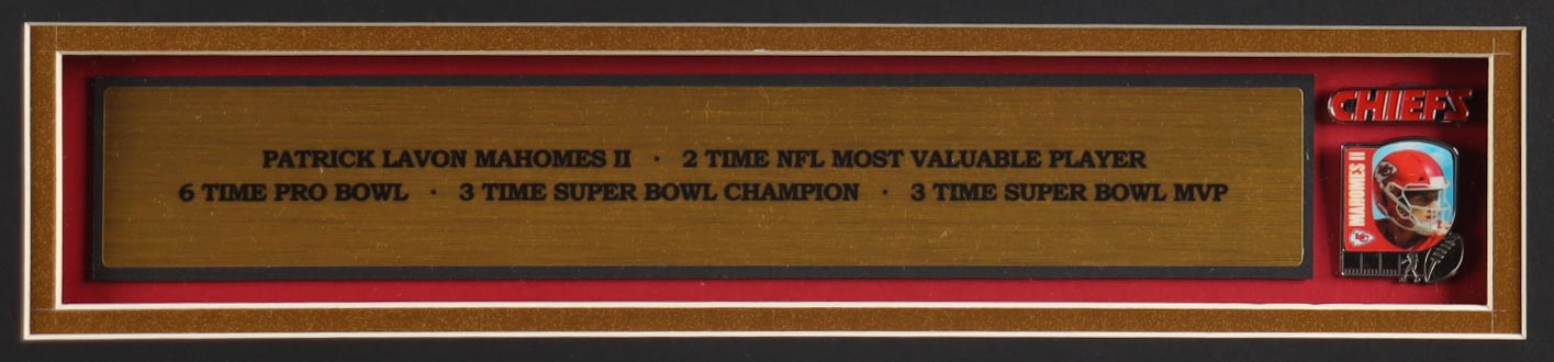 Patrick Mahomes Custom Framed Jersey Display With Chiefs Pin & (2) Team Logo Patches at PristineAuction.com Patrick Mahomes Custom Framed Jersey Display With Chiefs Pin & (2) Team Logo Patches at PristineAuction.com