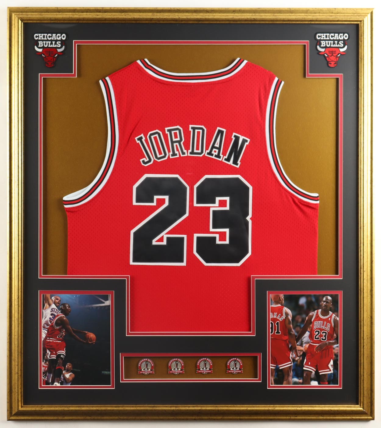 Michael Jordan Custom Framed Jersey Display With NBA Champion Pins & (2) Bulls Logo Patches at PristineAuction.com Michael Jordan Custom Framed Jersey Display With NBA Champion Pins & (2) Bulls Logo Patches at PristineAuction.com