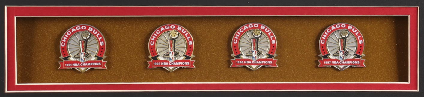 Michael Jordan Custom Framed Jersey Display With NBA Champion Pins & (2) Bulls Logo Patches at PristineAuction.com Michael Jordan Custom Framed Jersey Display With NBA Champion Pins & (2) Bulls Logo Patches at PristineAuction.com