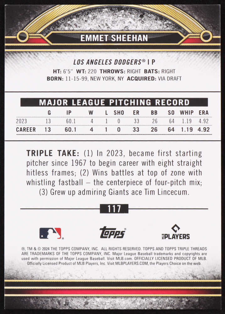 Emmet Sheehan 2024 Topps Triple Threads Red White Blue #117 RC #09/10 at PristineAuction.com Emmet Sheehan 2024 Topps Triple Threads Red White Blue #117 RC #09/10 at PristineAuction.com