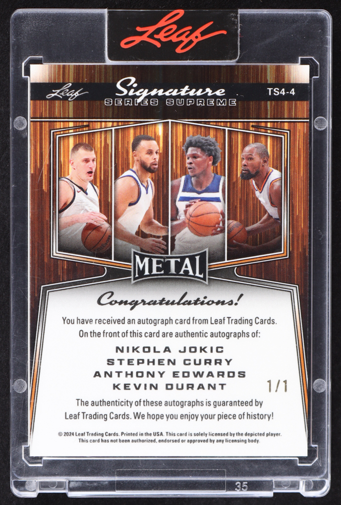 Nikola Jokic / Stephen Curry / Anthony Edwards / Kevin Durant 2024 Leaf Metal Signature Series Supreme Super Prismatic Oil Spill #TS44 #1/1 at PristineAuction.com Nikola Jokic / Stephen Curry / Anthony Edwards / Kevin Durant 2024 Leaf Metal Signature Series Supreme Super Prismatic Oil Spill #TS44 #1/1 at PristineAuction.com